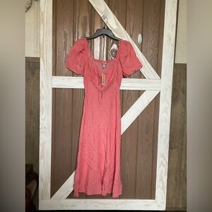A New Day Pink Peasant Coral Dress w/Swiss Dot and Tie Front. SIZE XS.